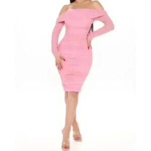 Fashion Nova Ready In A Ruched Off Shoulder Midi Dress - Pink Size Large
